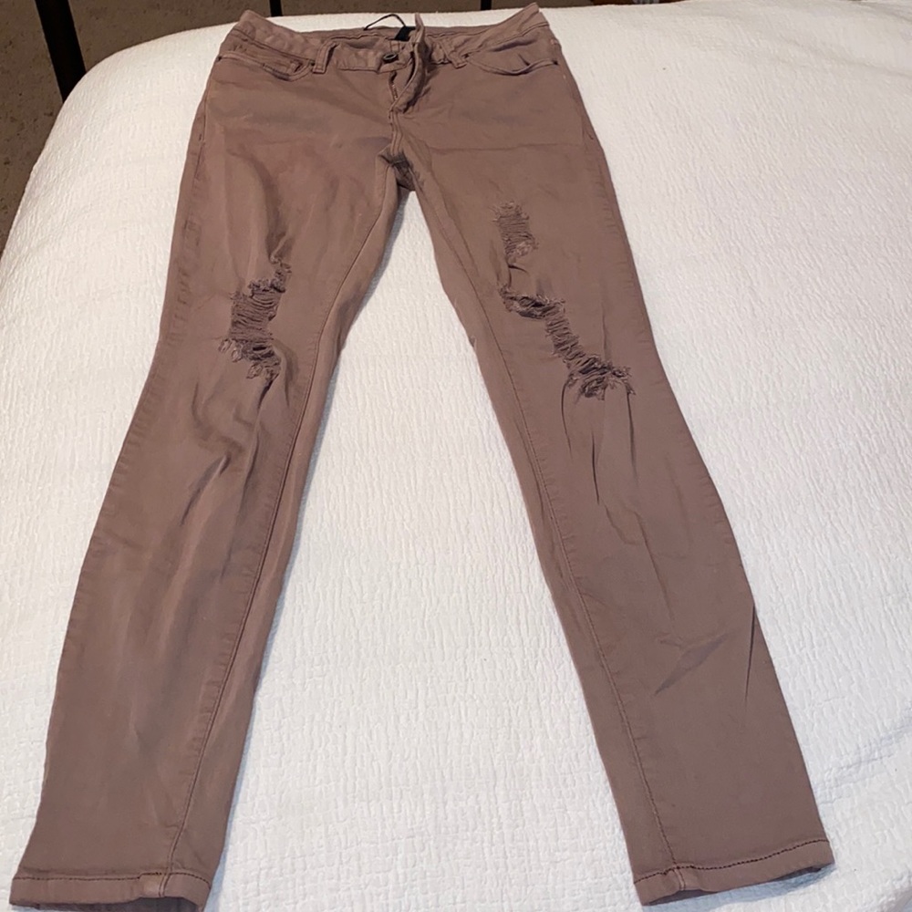 Purple/beige sandy color ripped cropped jeans